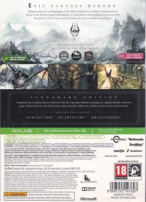 The Elder Scrolls V Skyrim Legendary Edition - med Papsleeve - XBOX 360 (B Grade) (Genbrug)